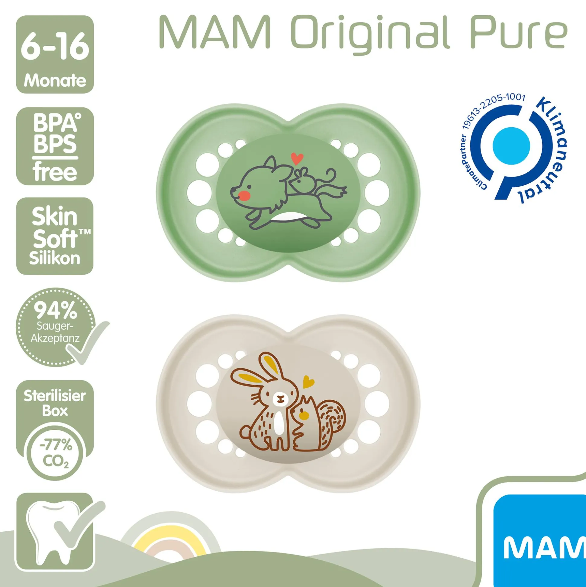 Beruhigungssauger Original matt Silikon 6-16 Monate 2 Stück Wolf/Hase