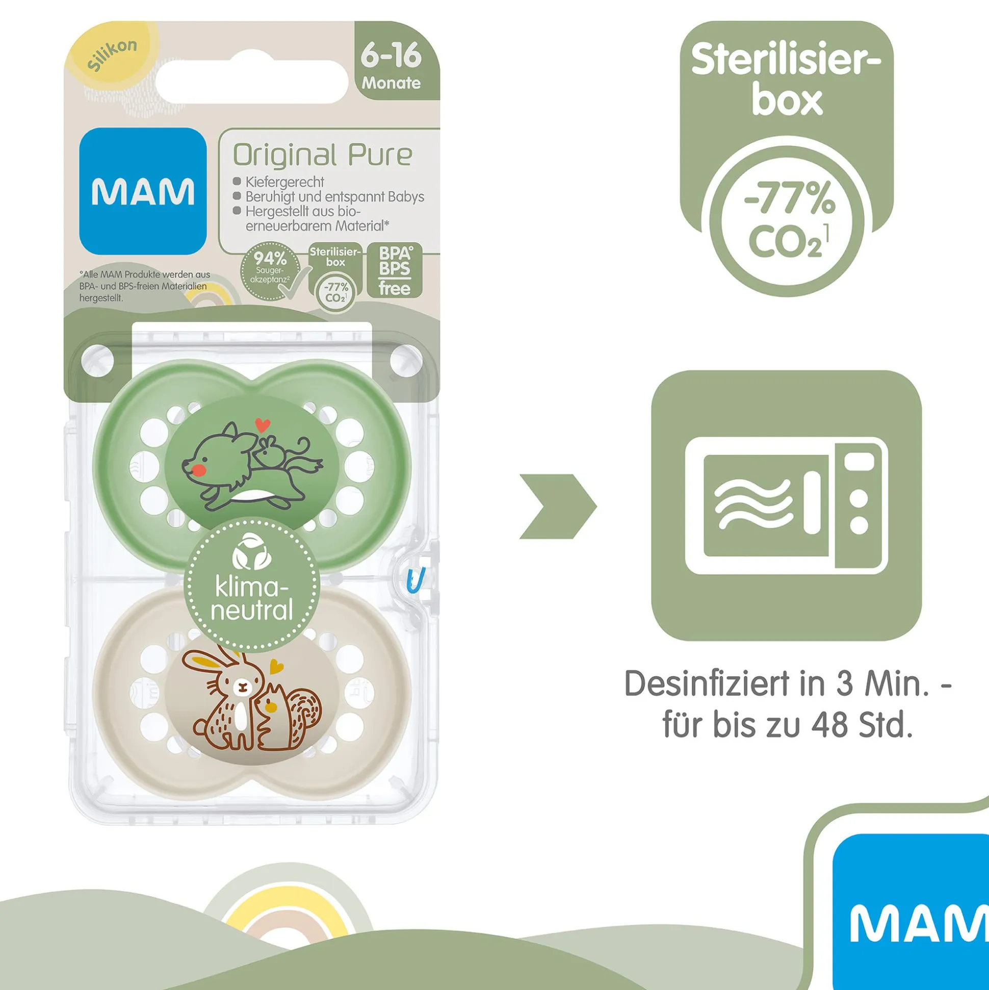 Beruhigungssauger Original matt Silikon 6-16 Monate 2 Stück Wolf/Hase