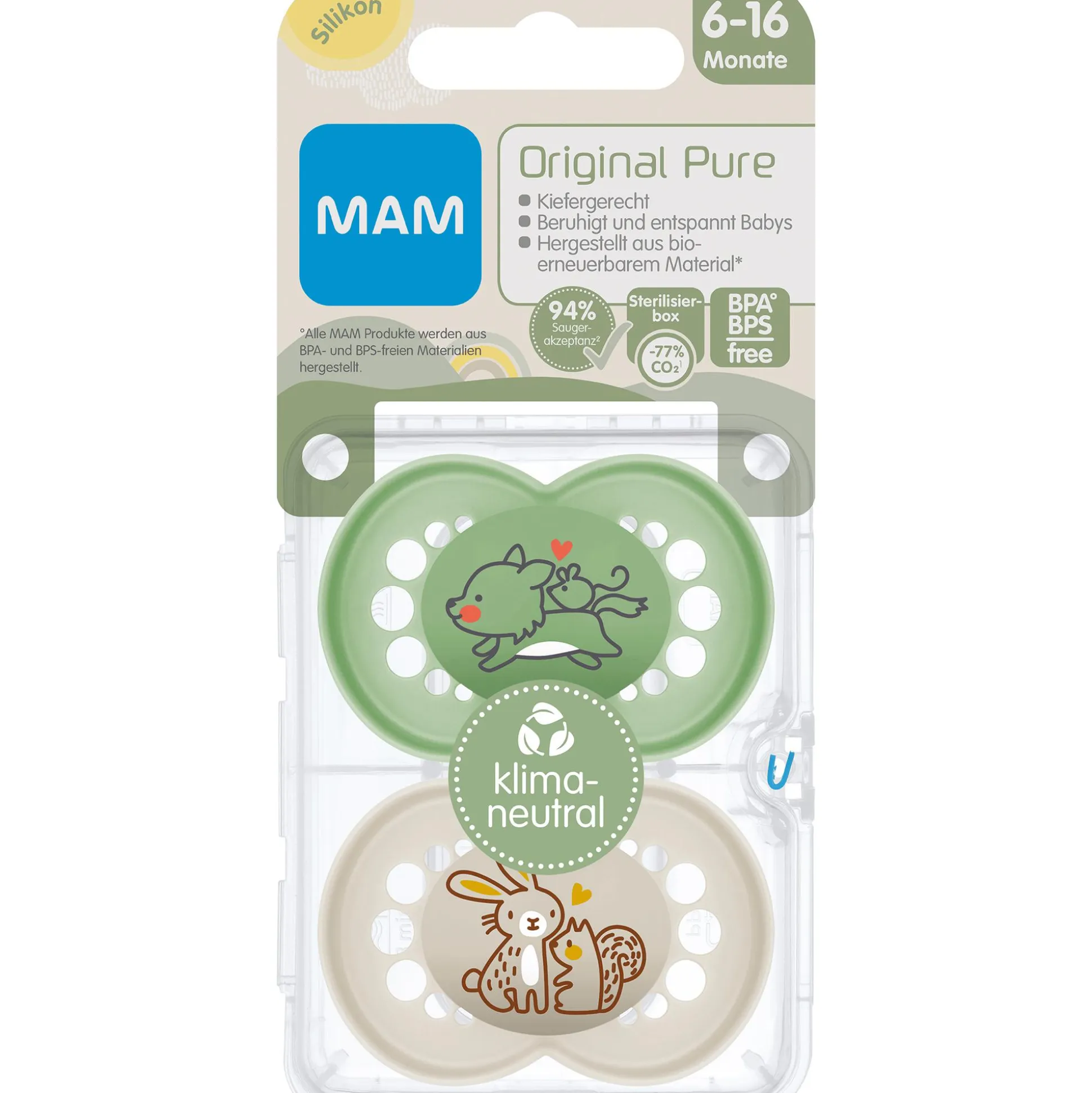 Beruhigungssauger Original matt Silikon 6-16 Monate 2 Stück Wolf/Hase