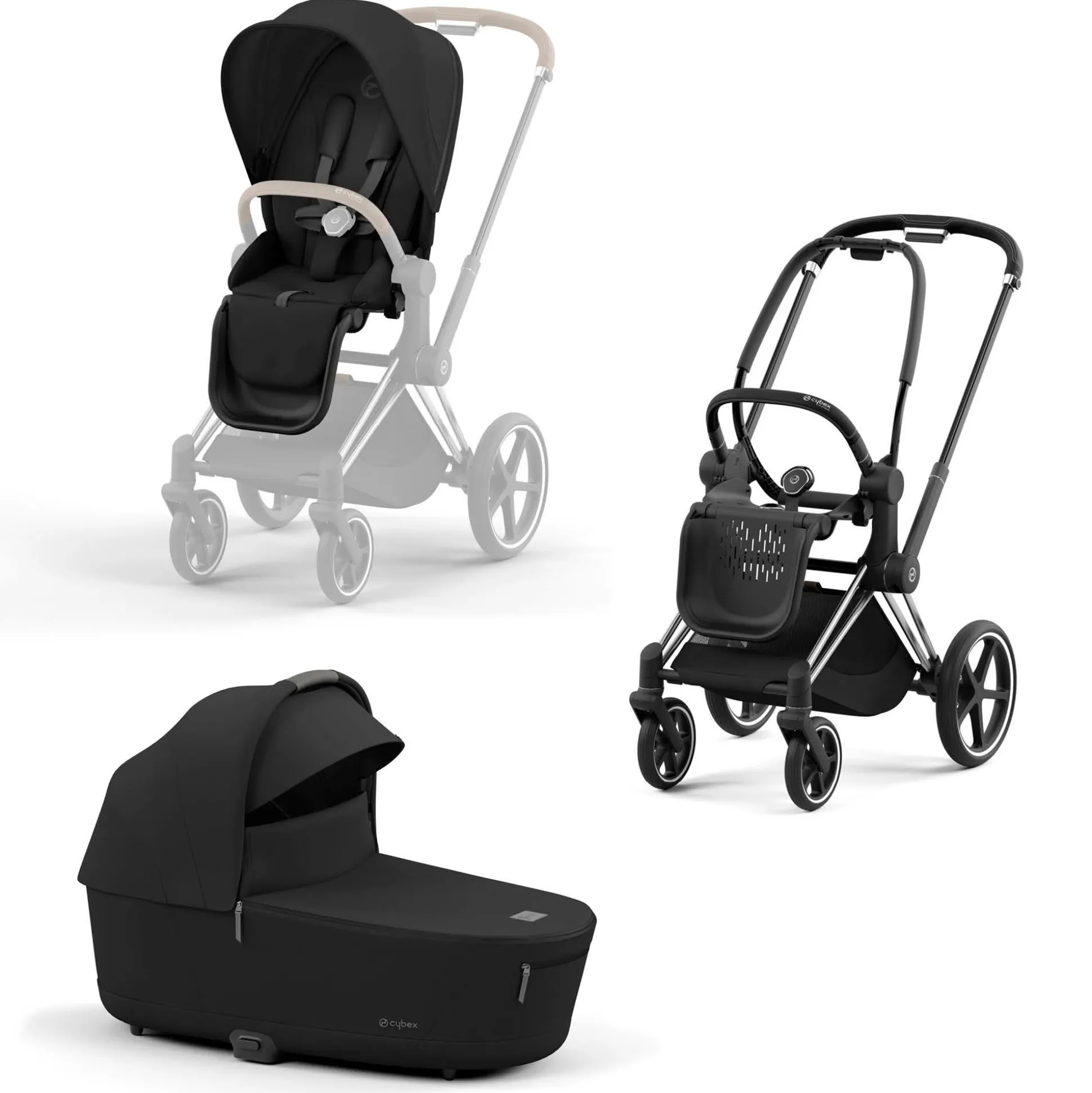 Set Priam Rahmen Chrome Black mit Wanne Lux und Sitzpaket Sepia Black