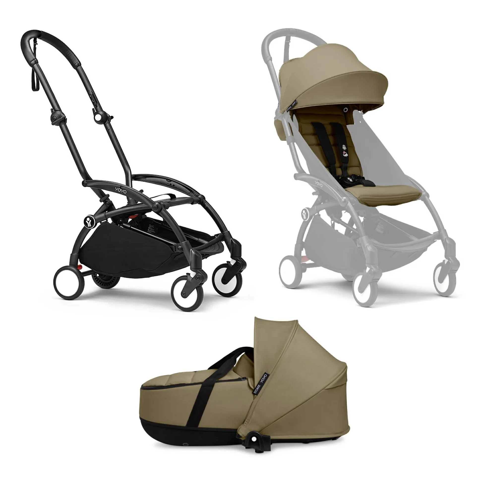 Set YOYO³ Gestell Black mit 0+ Liegewanne und 6+ Textilset Toffee